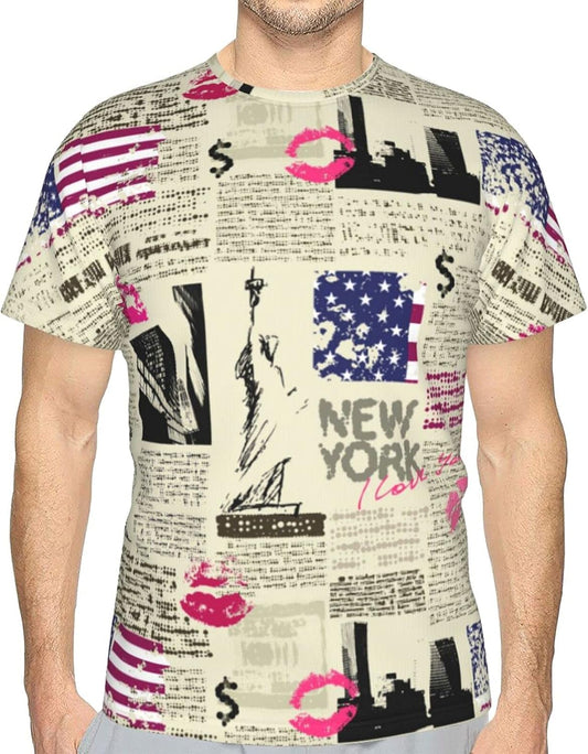 Mens Hipster American Flag NYC T-Shirt,Fashion Old Newspaper Premiun Tees